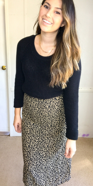 Black Sweater and Cheetah Print Midi Skirt 