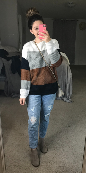 Block Stiped Sweater with Jeans 