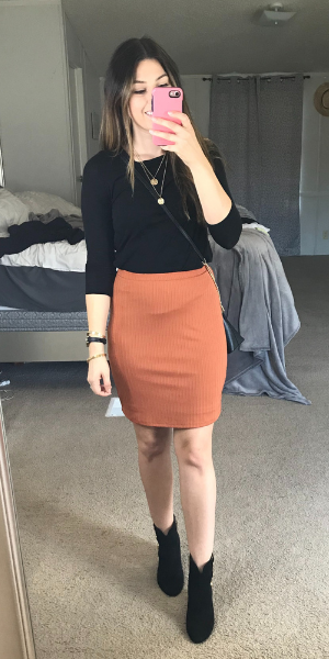 Brown skirt and black shirt with booties 