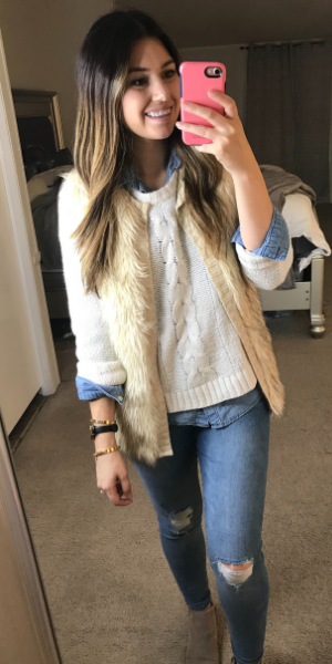 Fur vest with white sweater and Chambray top thanksgiving look
