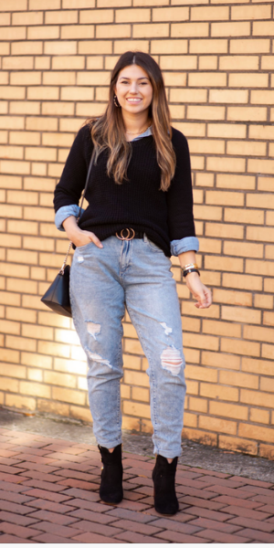 Layed Thanksgiving outfit with Black sweater and Chambray Shirt 