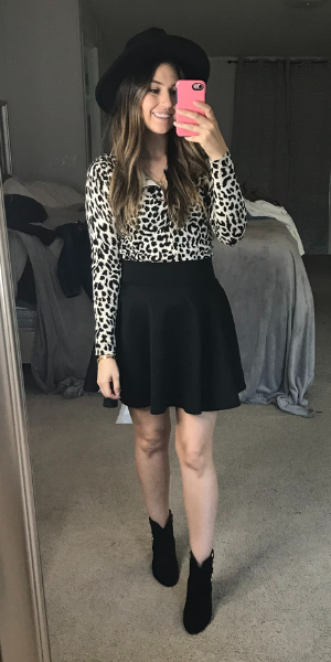 Cheetah print cardigan with black skirt 