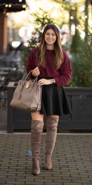 Burgandy Sweater and OTK boots Outfit Idea