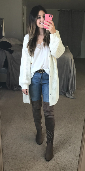 White Cardigan and White lace tank top with OTK Boots 