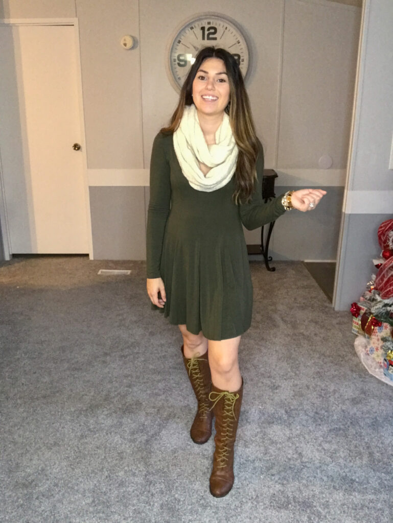 long sleeve dress with infinity scarf and boots 
