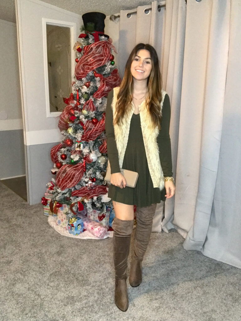 Fur vest with Over the knee boots and dress 