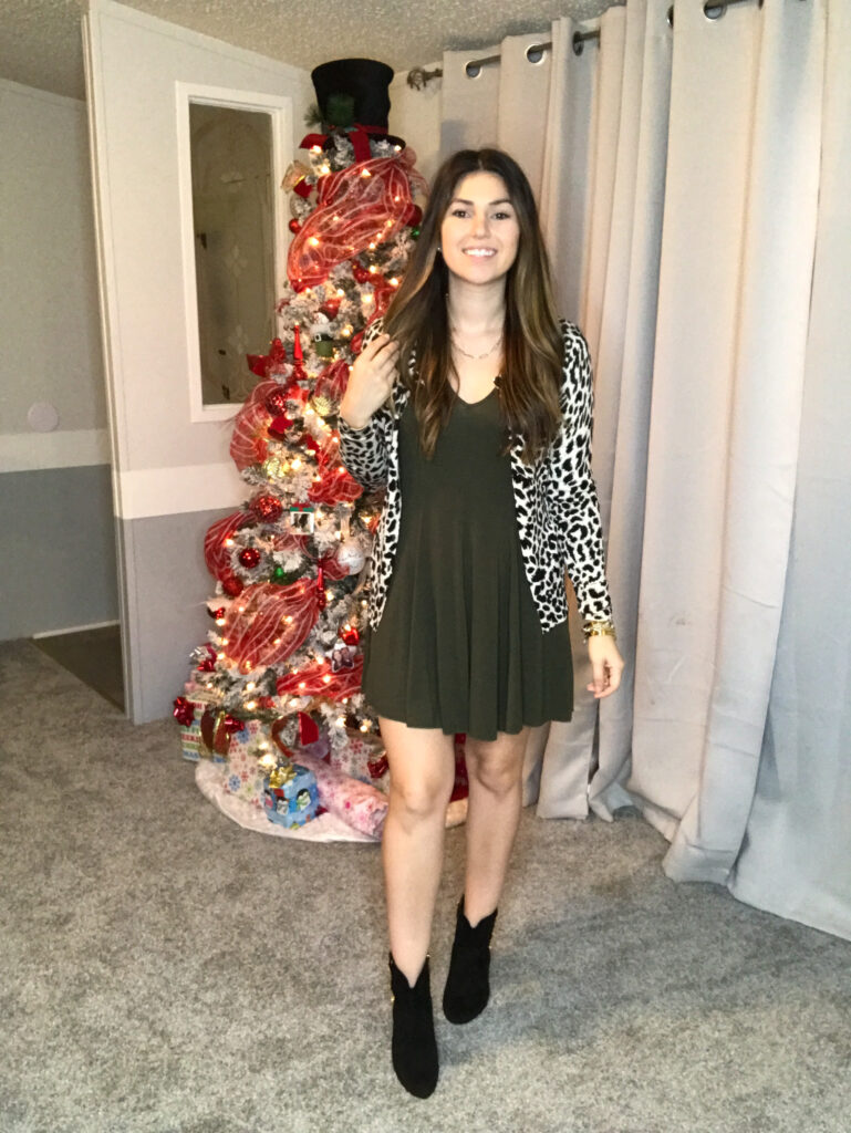 cheetah cardigan with dress and black booties 