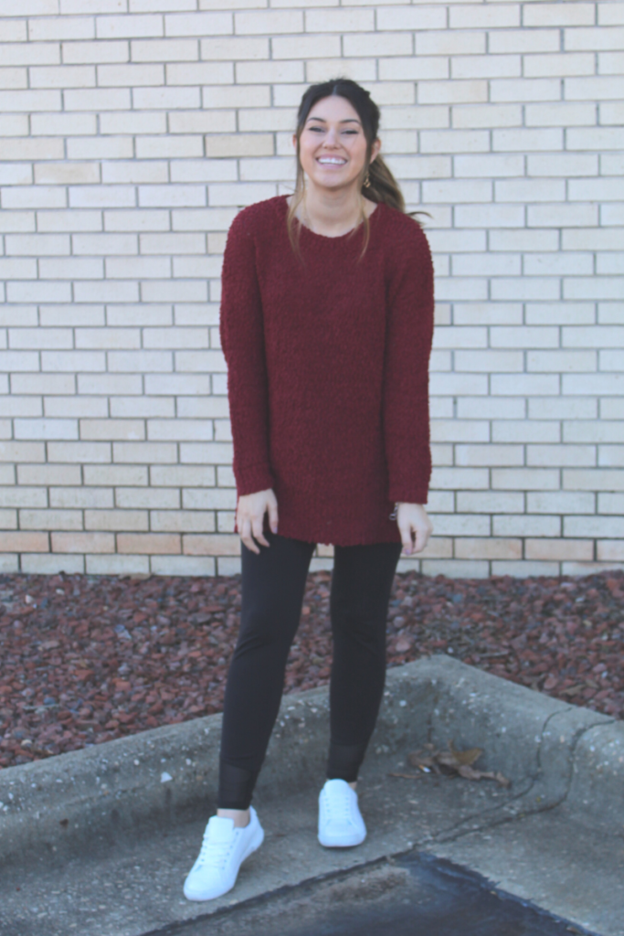 maroon sweater for winter paired with leggings 