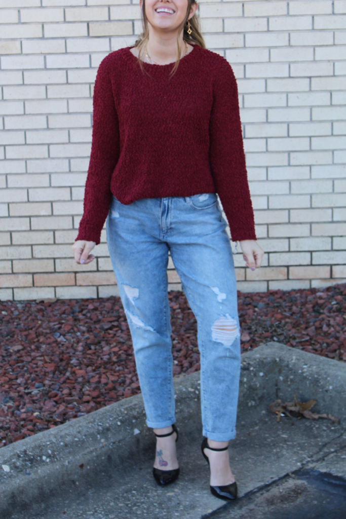 outfit 1 red sweater and ripped  jeans 