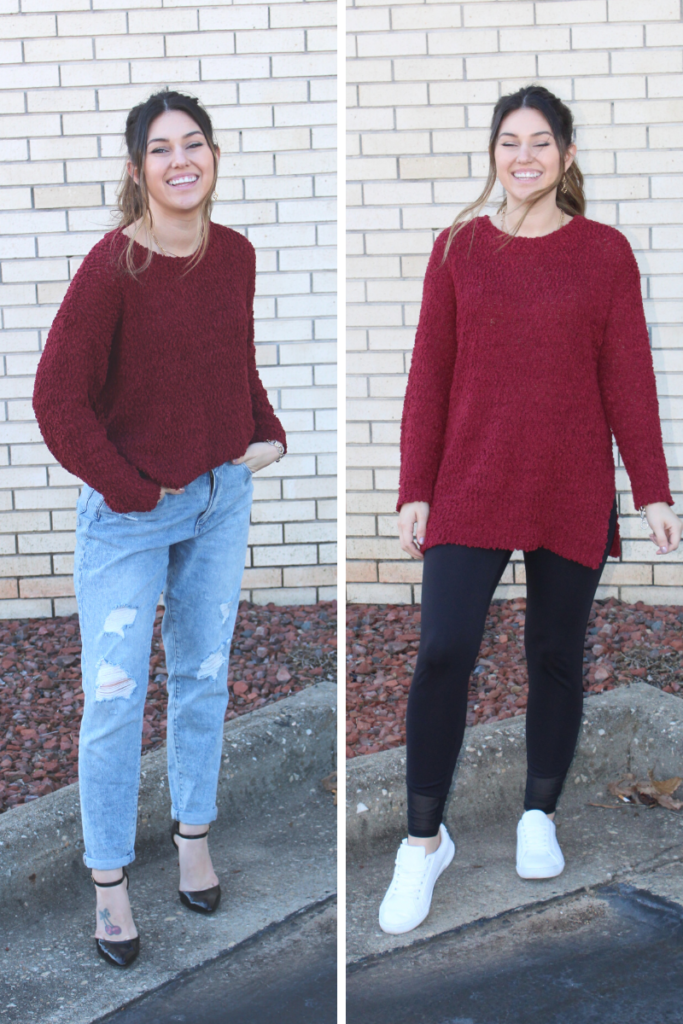2 outfits styling with red sweater 