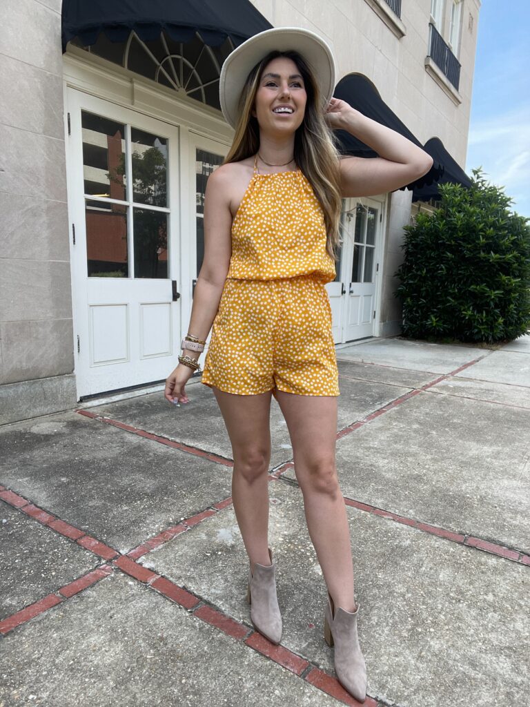 Yellow romper and boots outfit with hat 