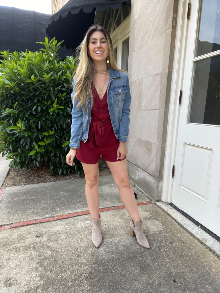 Red rompers with boots and jean jacket 