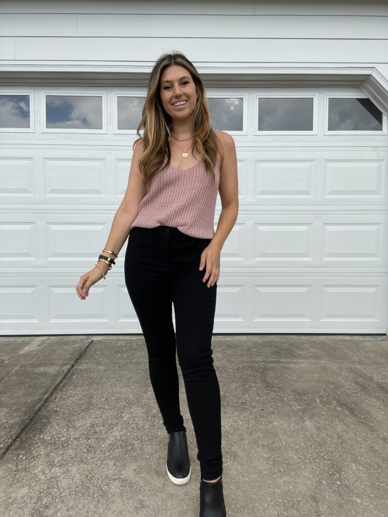 wedge sneakers and skinny jeans with a pink tank top