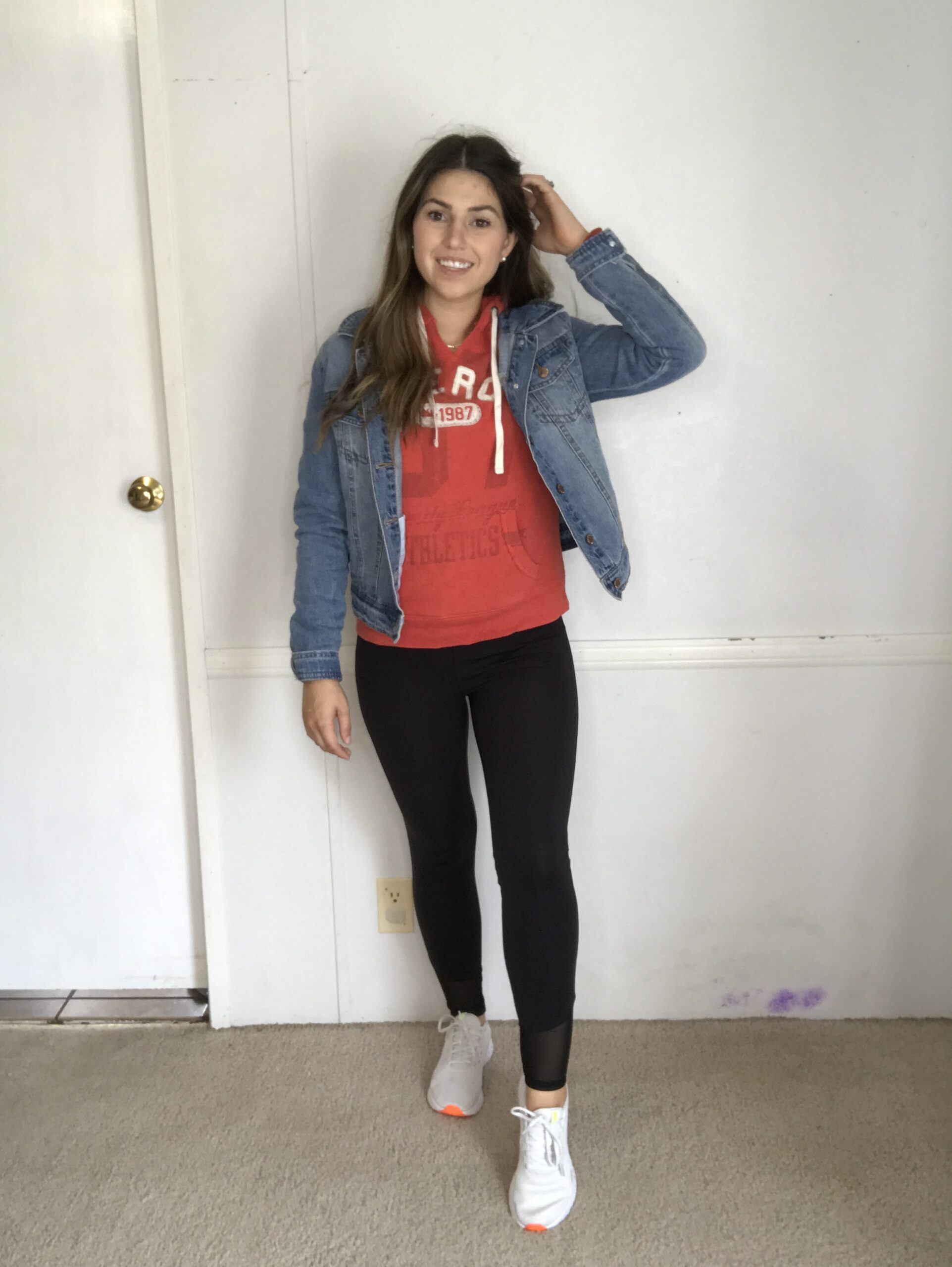 Outfit picture of a jean jacket athletic look