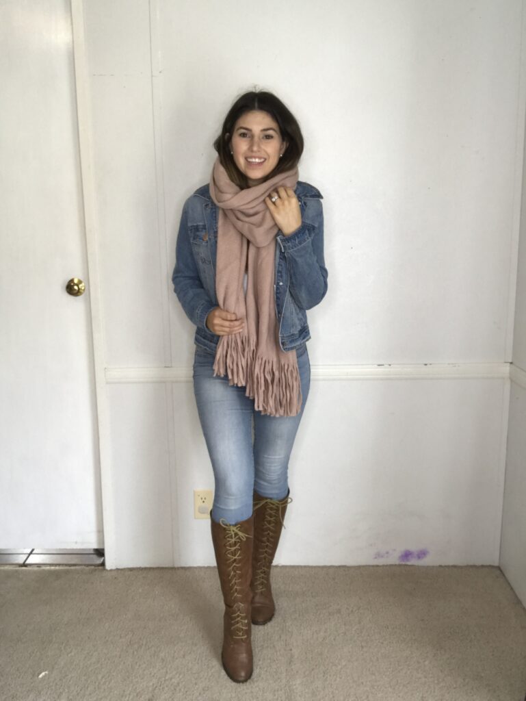 styling a jean jacket with a scarf and knee high boots