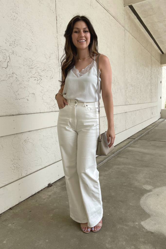 Outfit picture of a white blouse, white wide leg jeans, and nude heels 