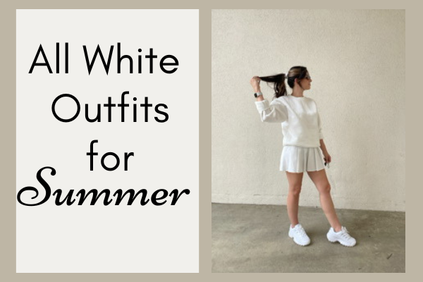 white summertime outfit of a tennis skirt, white pullover and chunky white tennis shoes 