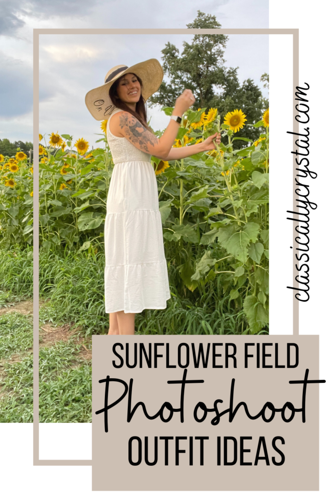 me in a white sundress in a sunflower field with text overlay on the photo